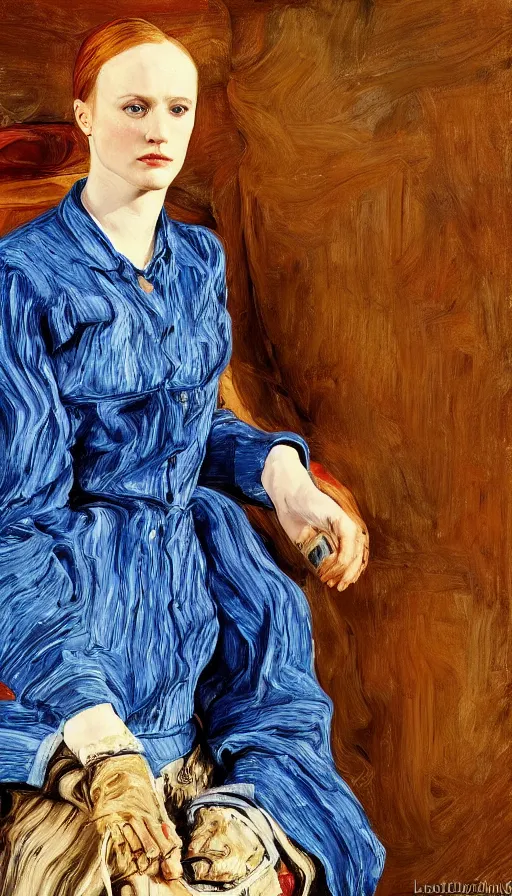 Prompt: evan rachel wood, blue and white trim western dress, in red dead redemntion 2, portrait, painting by Lucian Freud, edward rucha, rembrandt