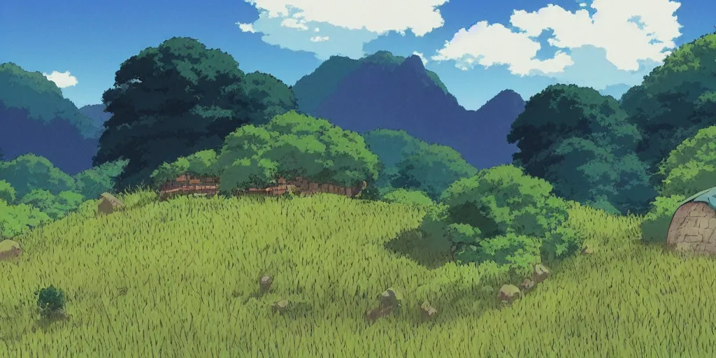 a peaceful mountain overlooking a field, studio ghibli | Stable ...