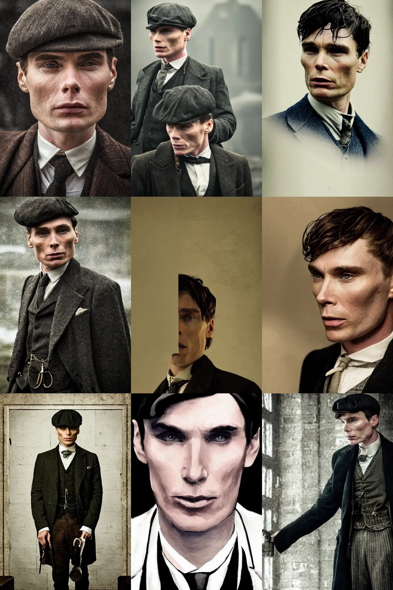 Prompt: portrait Cillian Murphy in Peaky Blinders very satisfied, happy beautiful face, Perfect detailed face, front view dramatic, gloomy, dark, bleak, cheerless, desolate, impressive, tragic, cinematic dull colours, dark colour scheme, atmospheric by Christopher Nolan
