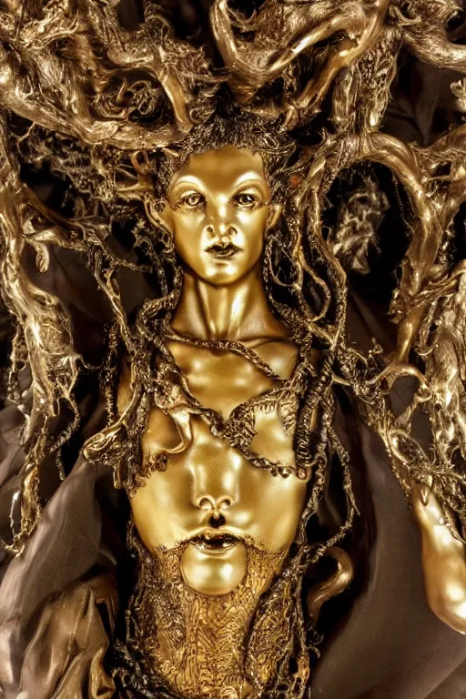 Prompt: a cinematic view of a ornated intricate mystic faun statue made by hedi xandt, chris haas and bernini, realistic, macabre art, partially covered by a wrapped black fabric veil, using few gold ornaments detailed image