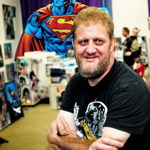 Image similar to portrait of DC comics comic book artist Ethan Van Sciver at a comic book convention