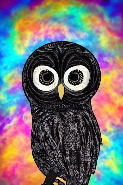 Image similar to cute little owl wearing black biker jacket, portrait photo, backlit, studio photo, pastel swirls background