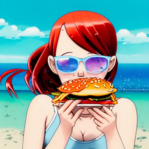 Image similar to Extremely Detailed and Full Portrait scene of Gooey Ocean scene in ink and refined sand, Red head pigtail anime woman with freckles on her face and shades on face. wearing a sundress full body smiling while eating a sloppy cheese burger. The cheeseburger is leaking red sauce all over the place by Akihito Yoshitomi AND Yoji Shinkawa AND Greg Rutkowski, Mark Arian trending on artstation