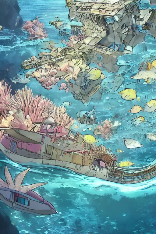 Image similar to a beautiful picture of a city under the sea ， fish shuttle, anime, detailed, 8 k