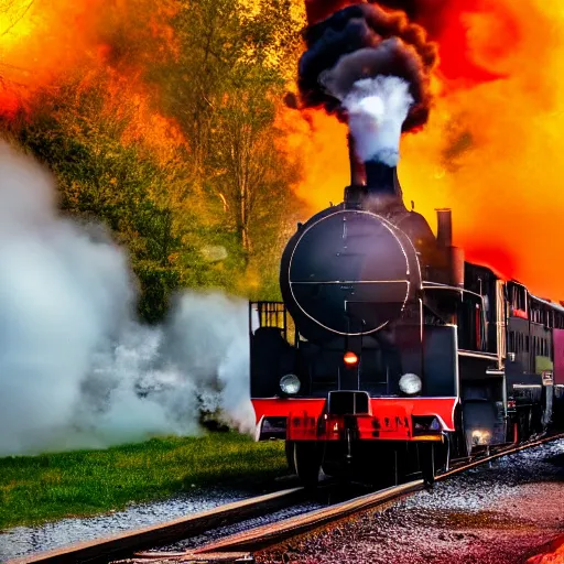 Image similar to train with steam locomotive leaving the station, dramatic cinematic angle and lighting, low angle camera, slow shutter light streaks