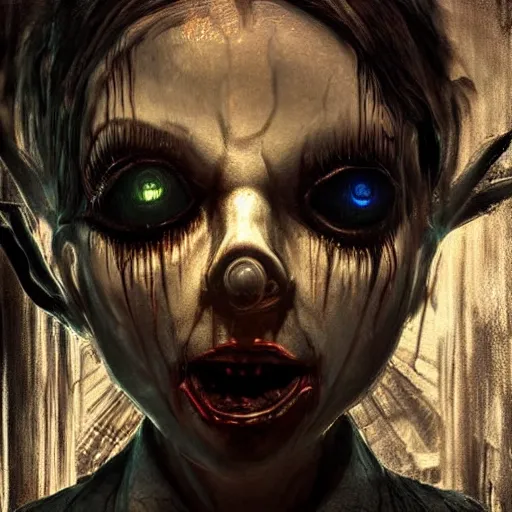 Image similar to realistic detailed 8 k deformed scary creepy fearfully face portraits of layers of fear in the style of bioshock