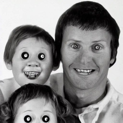 Image similar to creepy family photo, googly eyes, teeth, photo from the 80s