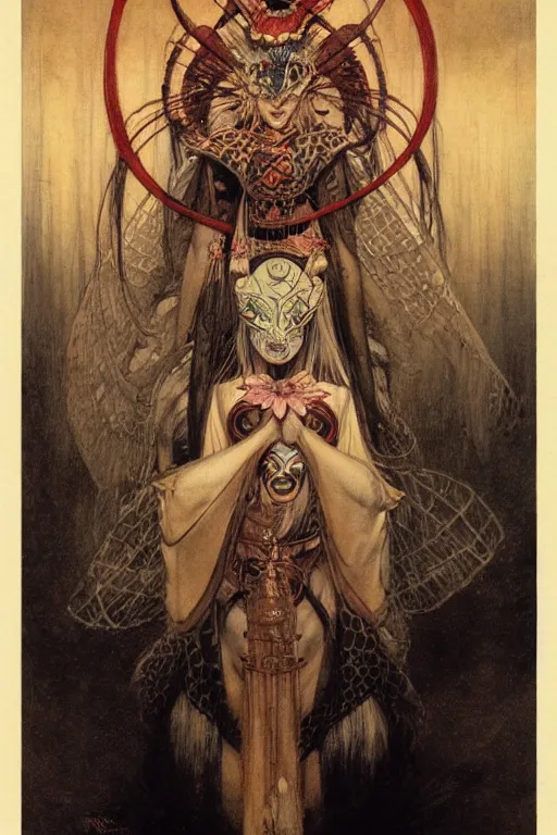 Prompt: kabuki viking priestess by wayne barlowe, gustav moreau, goward,  Gaston Bussiere and roberto ferri, santiago caruso, and austin osman spare, ((((occult art))))