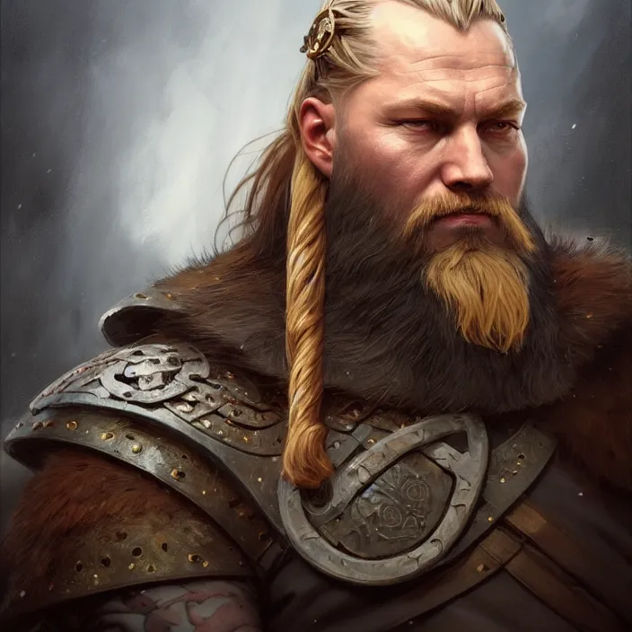 Image similar to excellent painted portrait of the ancient viking emperor of the northlands, character artwork, 8k resolution artwork, trending on artstation, detailed oil painting portrait, art by artgerm and greg rutkowski and alphonse mucha and craig mullins and James Jean and Andrei Riabovitchev and Marc Simonetti and peter mohrbacher