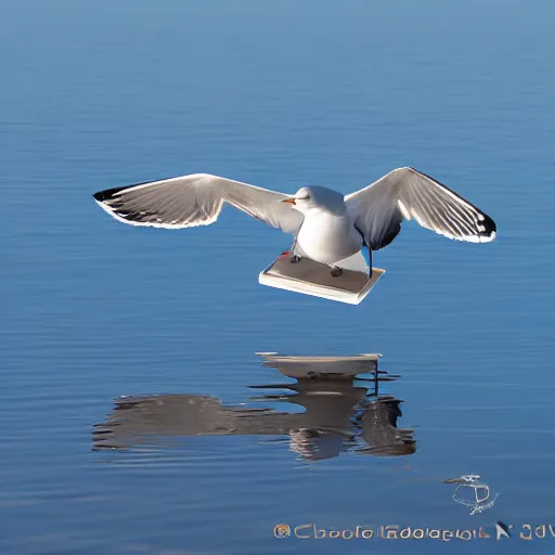 Prompt: photo of a seagull flying seen throught the reflection of a Paddle award winning photography sky 4k realistic