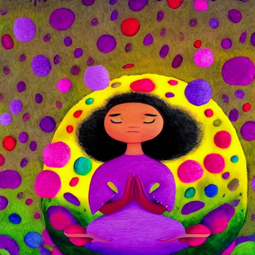 Prompt: a black girl with a colorful afro and big beautiful eyes meditating in a mushroom zen garden, bokeh, bright colors, synthwave, watercolor, volumetric wool felting, felt, macro photography, children illustration, by goro fujita