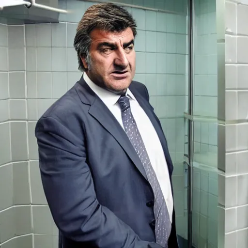 Image similar to joan laporta in the prison showers, bending down to get the soap