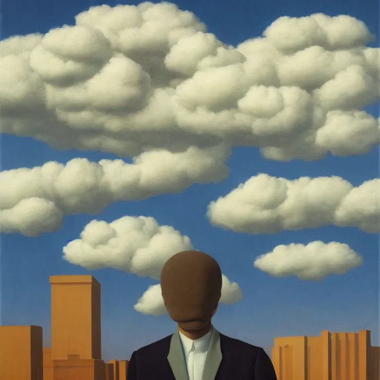 Image similar to cloud - man, by rene magritte, centered, detailed painting, hd, hq, high resolution, high detail, 4 k, 8 k