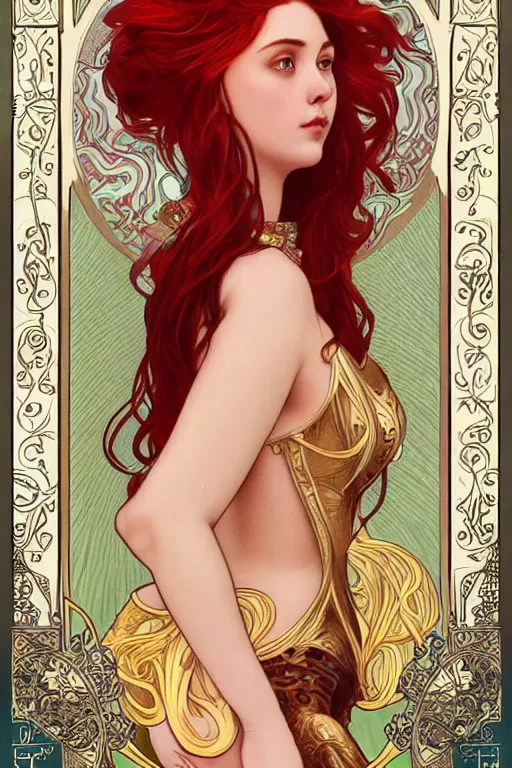 Prompt: a full body tarot card of the red haired curvy empress of eternity, space, universe, portrait, highly detailed, deep focus, elegant, digital painting, smooth, sharp focus, illustration, ultra realistic, 8 k, art by artgerm and alphonse mucha