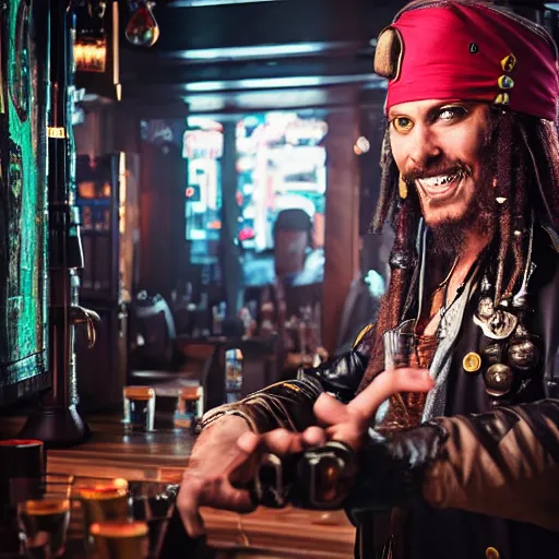 Image similar to high quality portrait of a pirate bartender in a cyberpunk cyberpunk cyberpunk cafe, realism, 8k, award winning photo