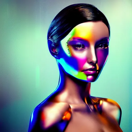 Image similar to portrait of a beautiful android woman, futuristic, chrome and colorful,