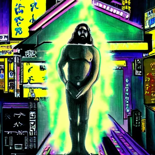 Prompt: a painting of shibari jesus in tokyo night, neon lights, cyberpunk, wideangle c