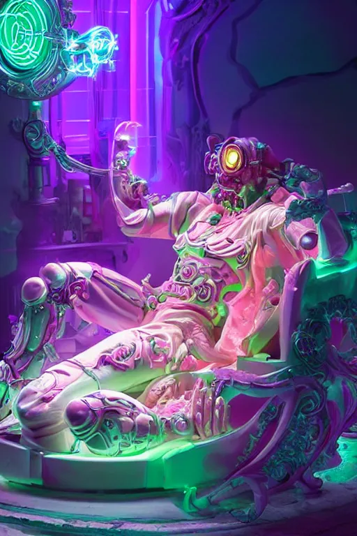 Image similar to fantasy rococo and cyberpunk style white neon statue of a muscular attractive tan male macho dotado android reclining sim roupa con piroca dura, glowing pink face, white baseball cap, green steampunk lasers, emeralds, swirling white silk fabric. futuristic elements. prismatic liquid rainbow light, full-length view. space robots. human skulls. throne made of bones, intricate artwork by caravaggio. Trending on artstation, octane render, cinematic lighting from the right, hyper realism, octane render, 8k, depth of field, 3D