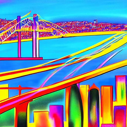 Image similar to san diego skyline, coronado bridge, painted in peter max style, 8 k