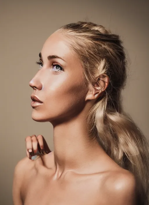 Image similar to stylistic photograph of an olive skinned blonde female model in her twenties, her hair pinned up, wearing a designer top, looking content, focused on her neck, photo realistic, extreme detail skin, natural beauty, no filter, slr, golden hour, 4 k, high definition, selfie