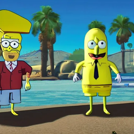 Prompt: walter white and spongebob squarepants in a gtav cover art