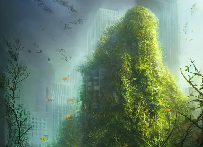 Image similar to overgrown foliage overtaking tall buildings, underwater environment, storefronts, coral, scenery, professional, award - winning, trending on artstation, detailed, realistic, beautiful, emotional, shiny, golden, picture