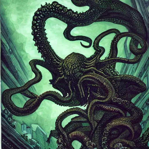 Prompt: Cthulhu fighting the the Oroborus.