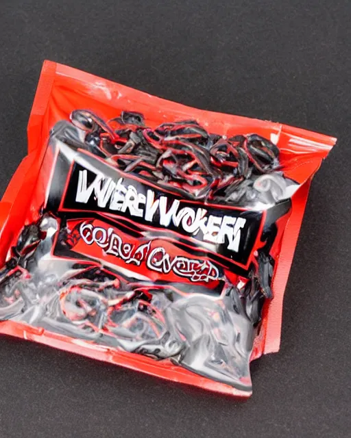 Prompt: a sealed package of licorice werewolf candy