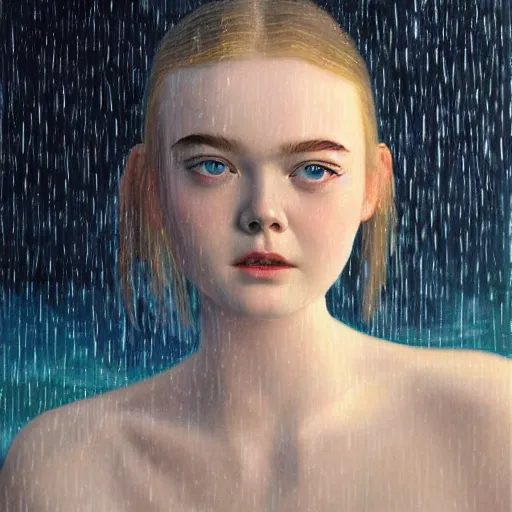 Prompt: Elle Fanning at the pool in the style of Guibing Zhu, head and shoulders portrait, stormy weather, extremely detailed masterpiece, oil on canvas, low-key neon lighting, artstation, Blade Runner 2049, Roger Deakin’s cinematography, by J. C. Leyendecker and Peter Paul Rubens and Edward Hopper and Michael Sowa,