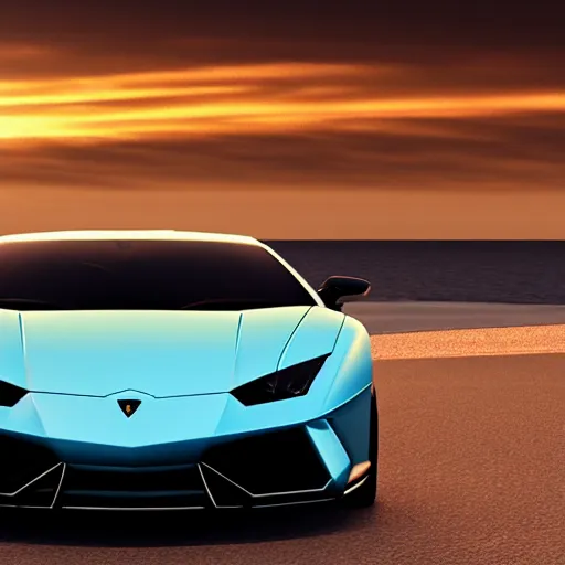 Image similar to luxury sports car driving near sea in the sunset, lamborghini design, automotiv design, unreal engine, dynamic perspective, cinematic light, 4 k