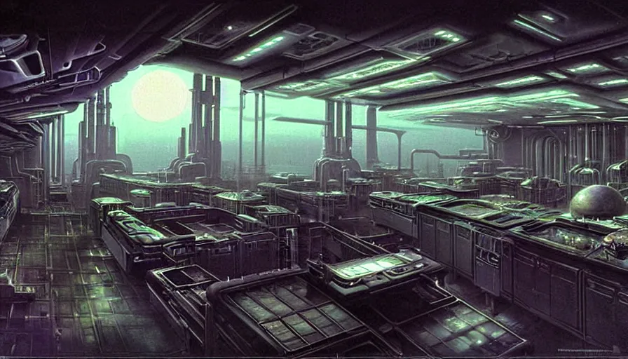 Image similar to highly detailed matte painting science fiction laboratory, biopods, futuristic, experiments, synthetic, medical equipment, research subjects. environment art by syd mead and h. r. giger and john berkley and john harris. concept art, dystopian grunge, retro futurism, beautiful volumetric - lighting - style atmosphere