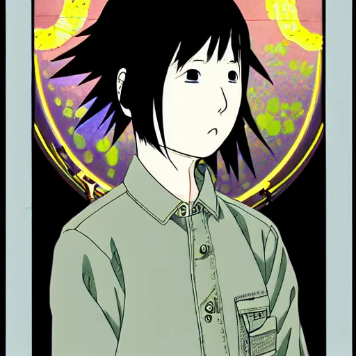 Prompt: prompt: Fragile looking flat colors portrait face drawn by Katsuhiro Otomo and Masashi Kishimoto, inspired by Ghost in Shell anime and superflat color, magical and alchemical objects on the side, soft light, monochrome background, intricate detail, intricate ink painting detail, sharp high detail, manga and anime 2000