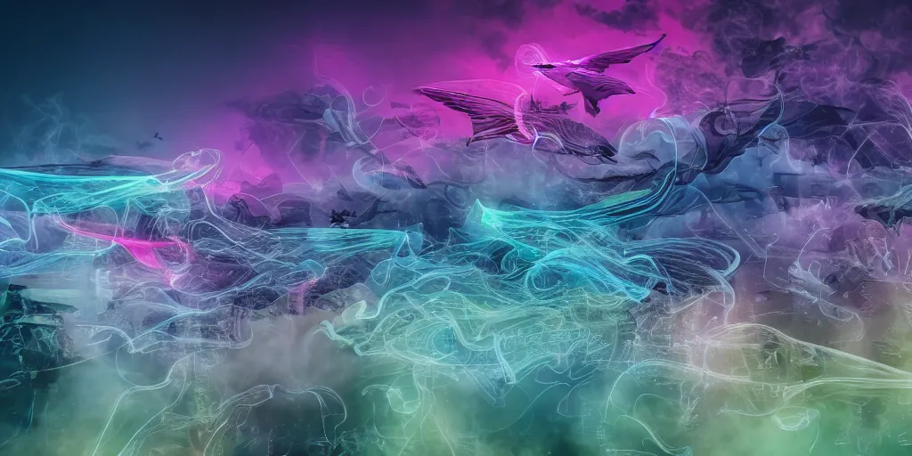 Image similar to dimly lit muted multi-color smoke (blues, greens), muted neon smoke, smoke reminiscent (translucent outline) of fierce flying dragons with large outstretched wings flying, a distant vague city park landscape in the background, photographic, stunning, inspiring, super high energy, swift, fast, fleeting, 8K, 4K, UE5