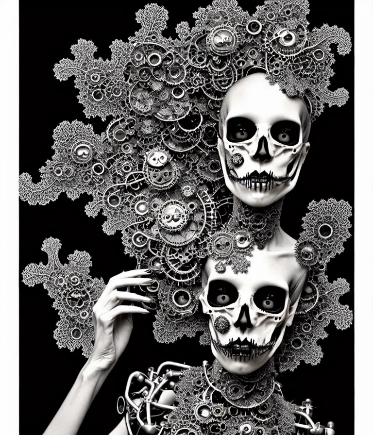 Prompt: surreal black and white photo portrait of complex bio-mechanical beautiful young female undead skeletal cyborg with a Mandelbrot fractal steampunk metal fine lace face, retrofuturistic depressing hopeless horrific vibe, radiating dark energy aura, curled silver hair and a fine metal floral foliage super big lace collar by Alexander McQueen:: high fashion, haute couture, rococo, steampunk, silver filigree details, anatomical, facial muscles, cable wires, microchip, elegant, hyper realistic, 150 mm lens, soft rim light, octane render, unreal engine, volumetric lighting, 8k,