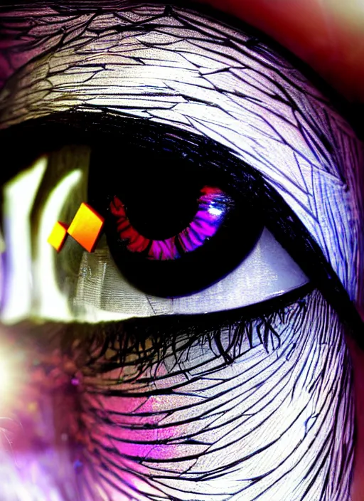 Prompt: cube shaped eyes cubes, square shaped black dilated pupils cubes, cube shaped irises, detailed colored textures, lashes, advanced art, art styles mix, wet reflections in square eyes, sunshine light, hd macro photograph, from side, various cune eyelid positions, square black pupil centered