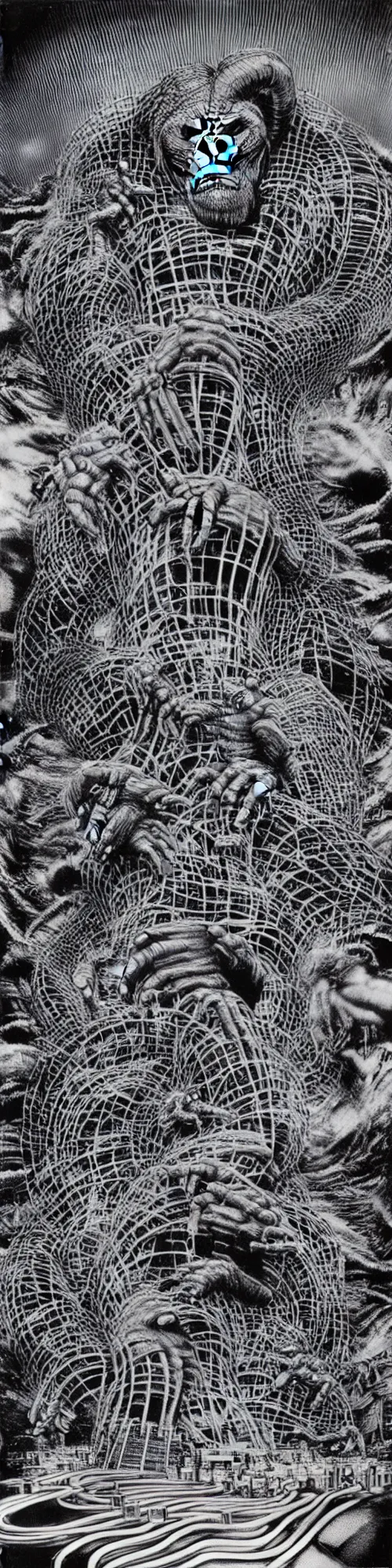 Image similar to hologram king kong and godzilla spiraling together like liquid smoke, loose wires, exposed circuits, trash, china monster building, brutalism, hr giger, basil wolverton, minakari, vegetal patterns