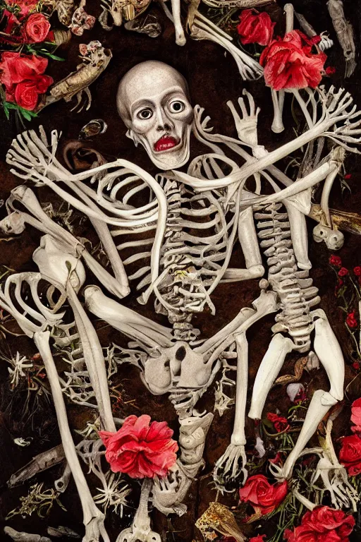 Image similar to an anatomical man with large eyes and lips laying in bed of bones of flowers, he feels an existential dread of love, HD Mixed media, highly detailed and intricate, surreal illustration in the style of Caravaggio, baroque dark art