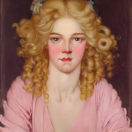 Image similar to beautiful portrait painting of the androgynous pale blond princess Lucius with long curly blond hair, delicate young man wearing a wispy pink silk dress smiling sleepily at the viewer, symmetrically parted curtain bangs, in love by J.C Leyendecker and Norman Rockwell