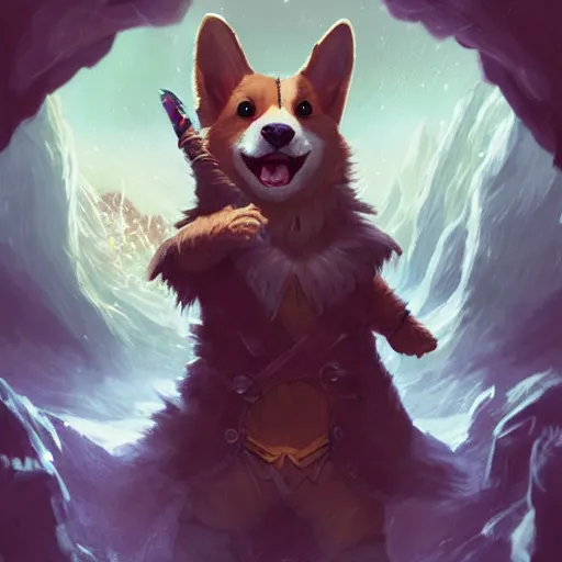 Prompt: Corgi, Anthropomorphized, casting epic spell, magic the gathering artwork, D&D, fantasy, cinematic lighting, centered, symmetrical, highly detailed, digital painting, artstation, concept art, smooth, sharp focus, illustration, volumetric lighting, epic Composition, 8k, art by Akihiko Yoshida and Greg Rutkowski and Craig Mullins, heroic pose, oil painting, cgsociety, magic lab background