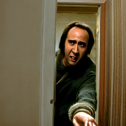 Image similar to film still of the shining with nicolas cage as danny torrance