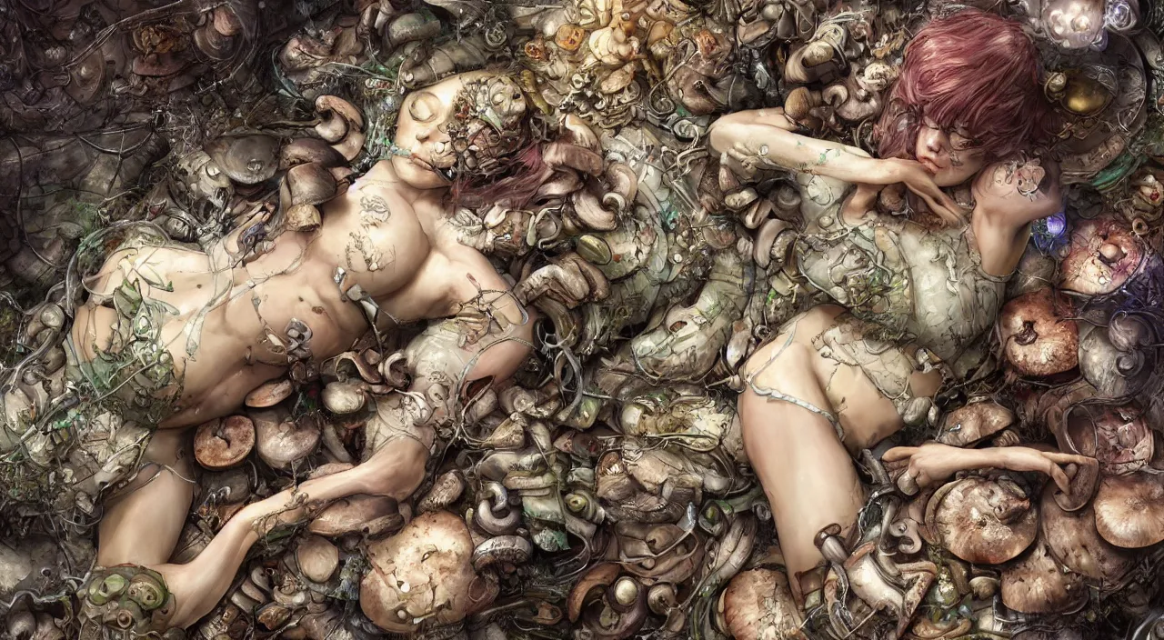 Image similar to a bio - mechanical pretty sleeping giant woman with mushrooms as camouflage highly detailed, cinematic, perfect face, cyberpunk, fine details, studio lighting, subtle shadows, art by katsuya terada, photo - realism, hyper realism, octane render