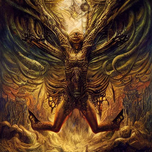 Image similar to muscular eldritch radiating town fractal shimmering phantasm, by h. r. giger and esao andrews and maria sibylla merian eugene delacroix, gustave dore, thomas moran, pop art, chiaroscuro, biopunk, art nouveau