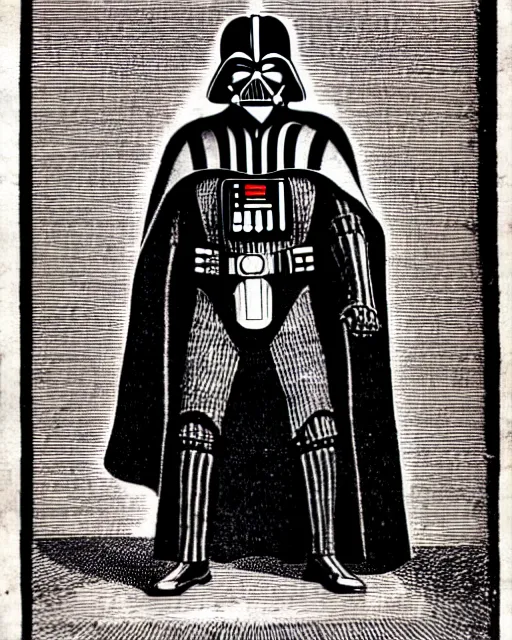 Image similar to b & w woodcut illustration of darth vader from the nuremberg chronicle, 1 4 9 3, restored, hq scan