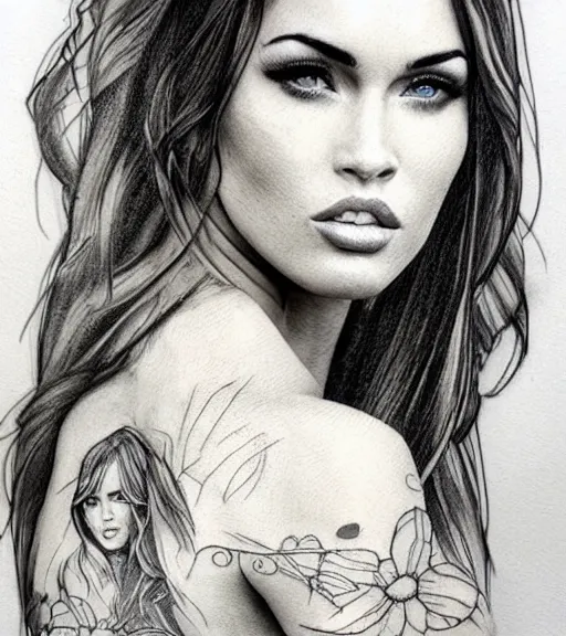 Image similar to realism tattoo sketch of a megan fox face double exposure effect with mountain scenery, in the style of matteo pasqualin, amazing detail, sharp, faded