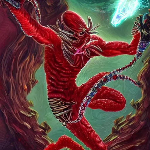 Prompt: red crystal worm with crystals jagging out of his body, fantasy, dnd, highly detailed