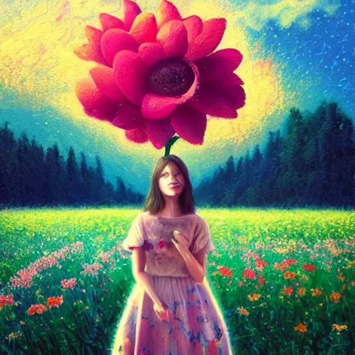 Prompt: girl with a giant flower as a face, surreal photography, dream, standing in flower field, hills, big trees, sunrise dramatic light, impressionist painting, colorful clouds, digital painting, pointillism, artstation, simon stalenhag, flower face