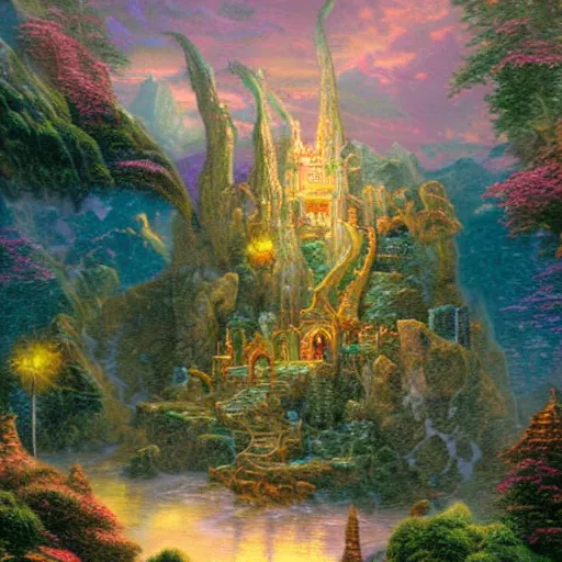 Prompt: pan - dimensional vending machine in the middle of fantasy mountain landscape, matte painting by thomas kinkade