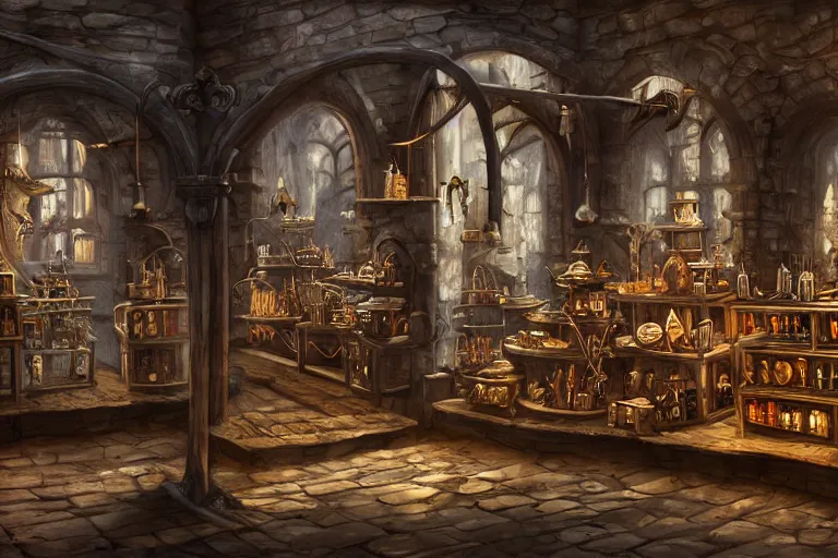 Image similar to A medieval magic shop viewed from the outside, magic items, magic, texture, intricate, details, highly detailed, masterpiece, architecture, building, trending on artstation, focus, sharp focus, concept art, digital painting, fantasy, sunny, day, midday