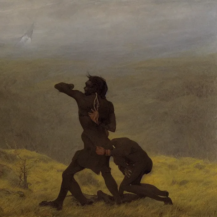 Prompt: adult dark - skinned man choking woman on the moorland, painting by caspar david friedrich