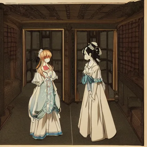 Prompt: a scene of two beautiful maids standing face to face , detailed anime art